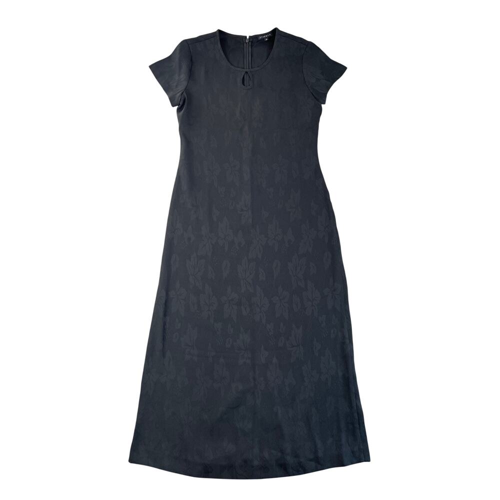 Essence Black Floral Jacquard Maxi Dress A-Line Short Sleeve Keyhole Neck - US 6